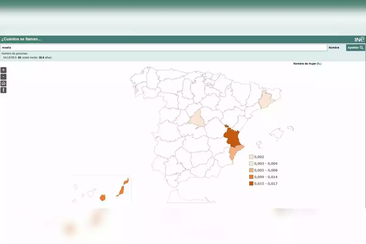 Captura del INE del mapa de España con las provincias marcadas con el nombre de Rosella