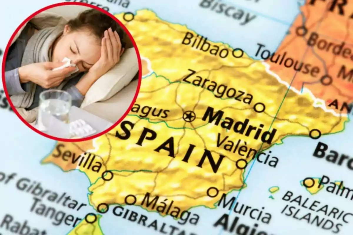 Mapa de España con un recuadro que muestra a una persona enferma acostada en la cama.