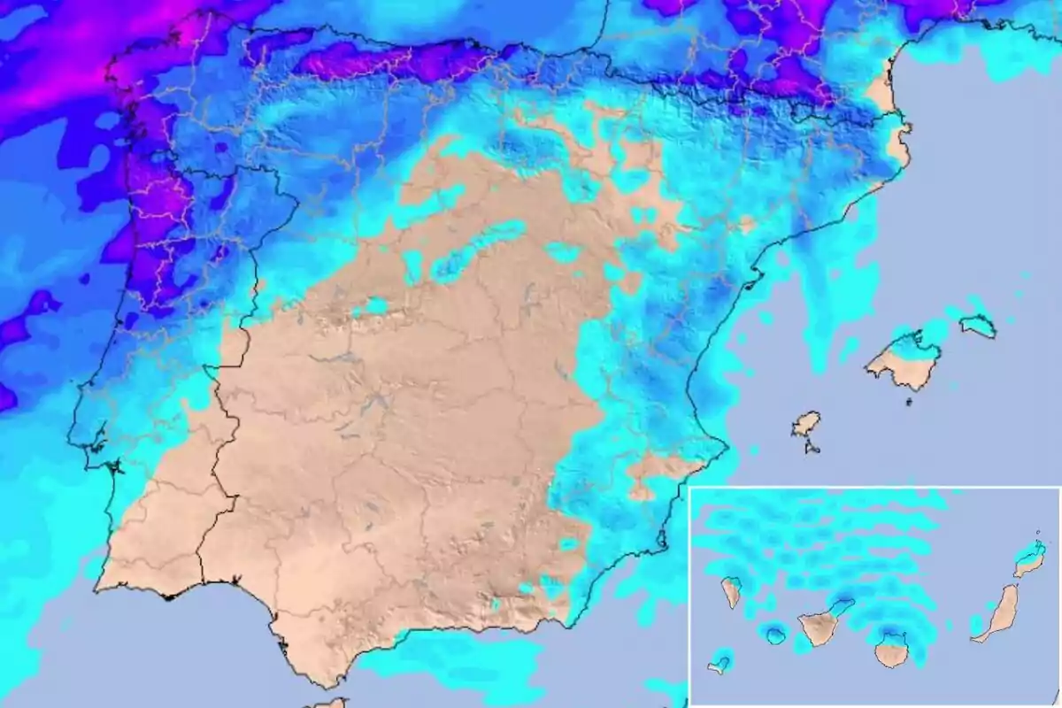 Mapa meteorológico que muestra la distribución de precipitaciones en la Península Ibérica y las Islas Baleares y Canarias. Mapa meteorológico que muestra la distribución de precipitaciones en la Península Ibérica y las Islas Baleares y Canarias.