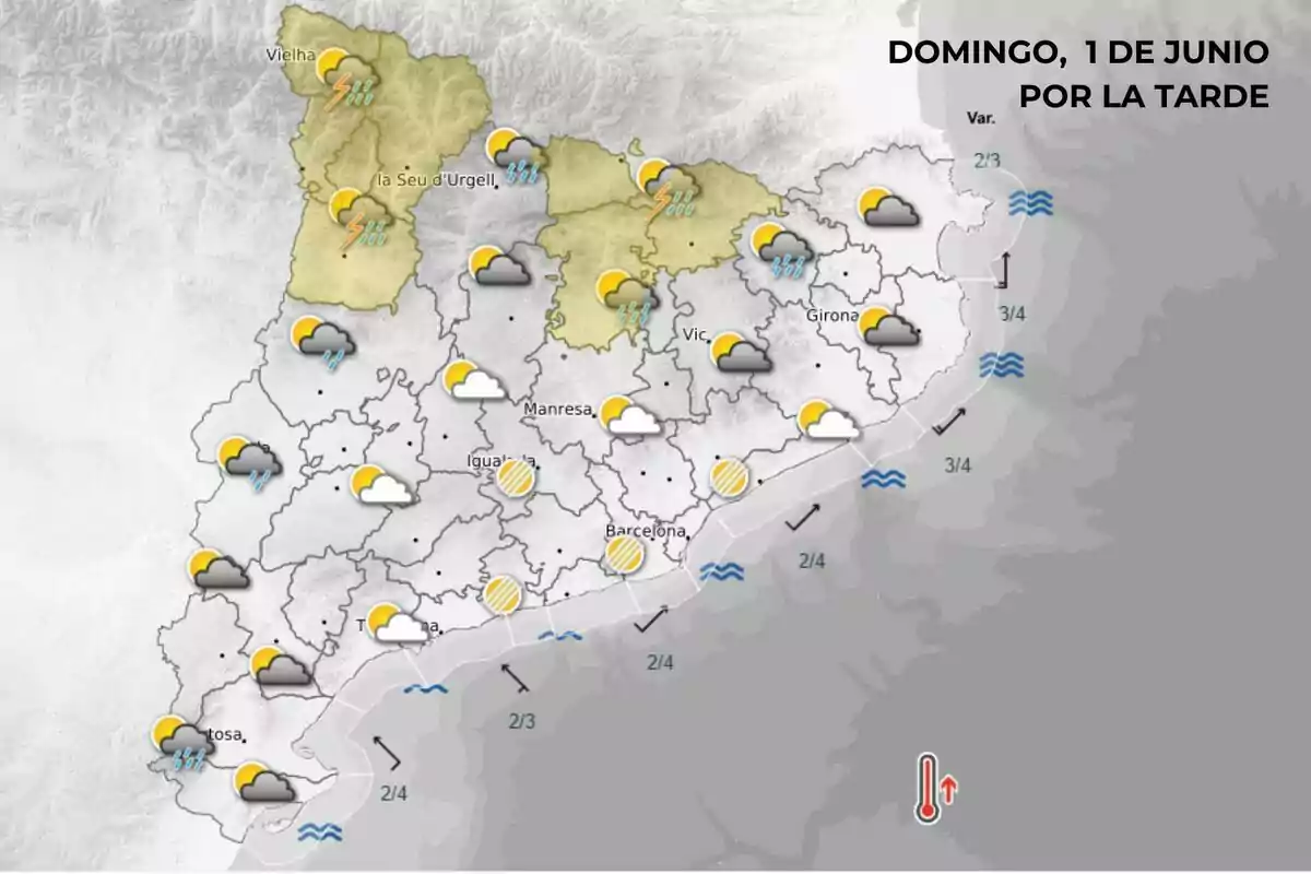 Mapa meteorológico de Cataluña para la tarde del domingo 1 de junio con iconos que indican lluvias, tormentas y nubes en el norte y oeste, mientras que en la costa y el sur predominan intervalos nubosos y temperaturas en ascenso Mapa meteorológico de Cataluña para la tarde del domingo 1 de junio con iconos que indican lluvias, tormentas y nubes en el norte y oeste, mientras que en la costa y el sur predominan intervalos nubosos y temperaturas en ascenso