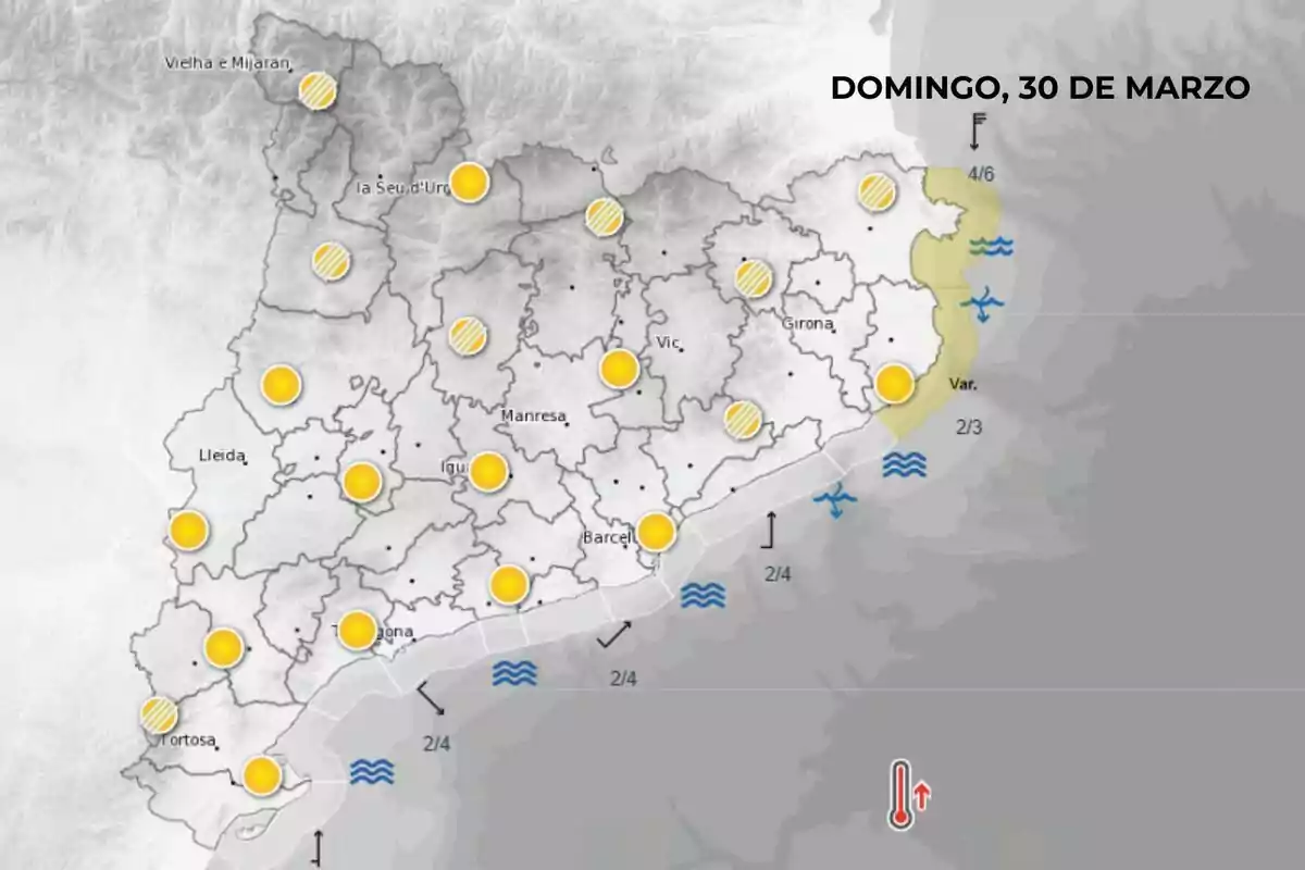 Mapa meteorológico de Cataluña para el domingo 30 de marzo mostrando iconos de sol en varias localidades y advertencias de viento y oleaje en la costa. Mapa meteorológico de Cataluña para el domingo 30 de marzo mostrando iconos de sol en varias localidades y advertencias de viento y oleaje en la costa.
