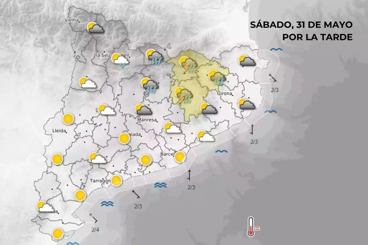 Mapa meteorológico de Cataluña para la tarde del sábado 31 de mayo con predominio de sol en el sur y oeste, nubes y claros en el norte y este, lluvias y tormentas en el noreste y zona central, y temperaturas estables Mapa meteorológico de Cataluña para la tarde del sábado 31 de mayo con predominio de sol en el sur y oeste, nubes y claros en el norte y este, lluvias y tormentas en el noreste y zona central, y temperaturas estables