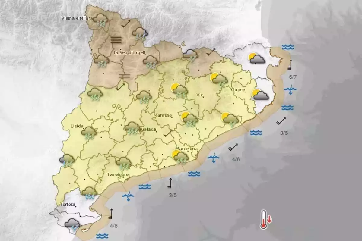 Mapa con la predicción meteorológica para el 19 de octubre en Cataluña Mapa con la predicción meteorológica para el 19 de octubre en Cataluña