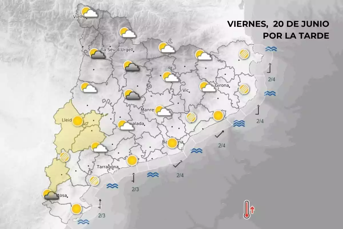 Mapa meteorológico de Cataluña para la tarde del viernes 20 de junio con iconos que indican sol, nubes y claros en diferentes zonas, algunas áreas con nubosidad más densa y otras con predominio de sol, además de símbolos de oleaje en la costa y un termómetro que sugiere aumento de temperatura. Mapa meteorológico de Cataluña para la tarde del viernes 20 de junio con iconos que indican sol, nubes y claros en diferentes zonas, algunas áreas con nubosidad más densa y otras con predominio de sol, además de símbolos de oleaje en la costa y un termómetro que sugiere aumento de temperatura.
