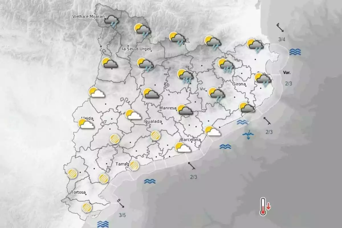 Mapa meteorológico de Cataluña mostrando pronósticos de nubes, sol y lluvia en diferentes localidades como Vielha e Mijaran, La Seu d'Urgell, Lleida, Manresa, Igualada, Vic, Girona, Barcelona, Tarragona y Tortosa. Mapa meteorológico de Cataluña mostrando pronósticos de nubes, sol y lluvia en diferentes localidades como Vielha e Mijaran, La Seu d'Urgell, Lleida, Manresa, Igualada, Vic, Girona, Barcelona, Tarragona y Tortosa.
