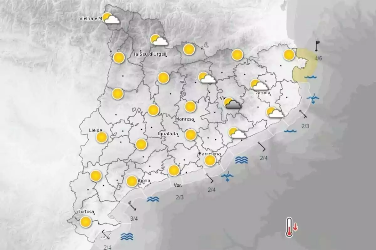 Mapa meteorológico de Cataluña mostrando mayormente cielos despejados con algunas nubes en el norte y noreste, y temperaturas moderadas. Mapa meteorológico de Cataluña mostrando mayormente cielos despejados con algunas nubes en el norte y noreste, y temperaturas moderadas.