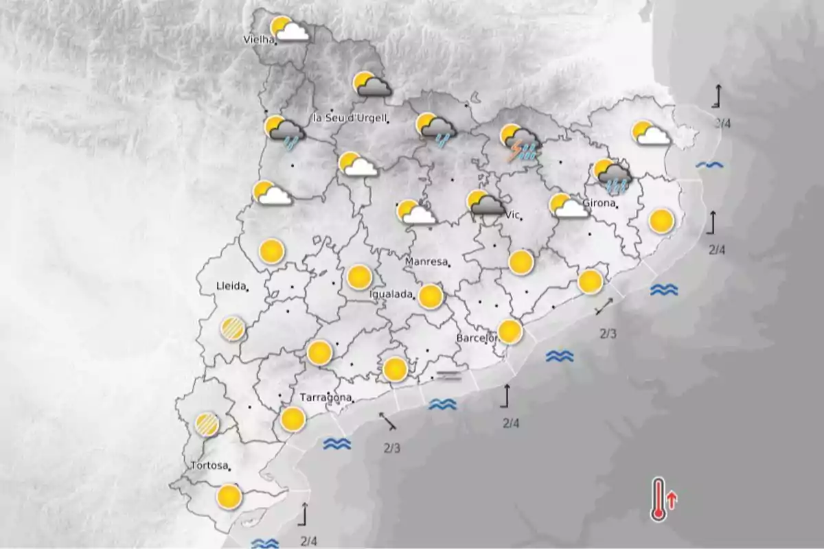 Mapa meteorológico de Cataluña mostrando diferentes condiciones climáticas como sol, nubes y lluvia en varias regiones. Mapa meteorológico de Cataluña mostrando diferentes condiciones climáticas como sol, nubes y lluvia en varias regiones.