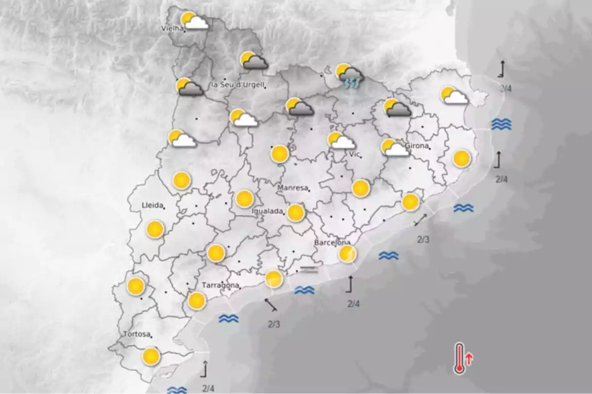 Mapa meteorológico de Cataluña mostrando condiciones climáticas variadas con sol, nubes y lluvia en diferentes regiones. Mapa meteorológico de Cataluña mostrando condiciones climáticas variadas con sol, nubes y lluvia en diferentes regiones.
