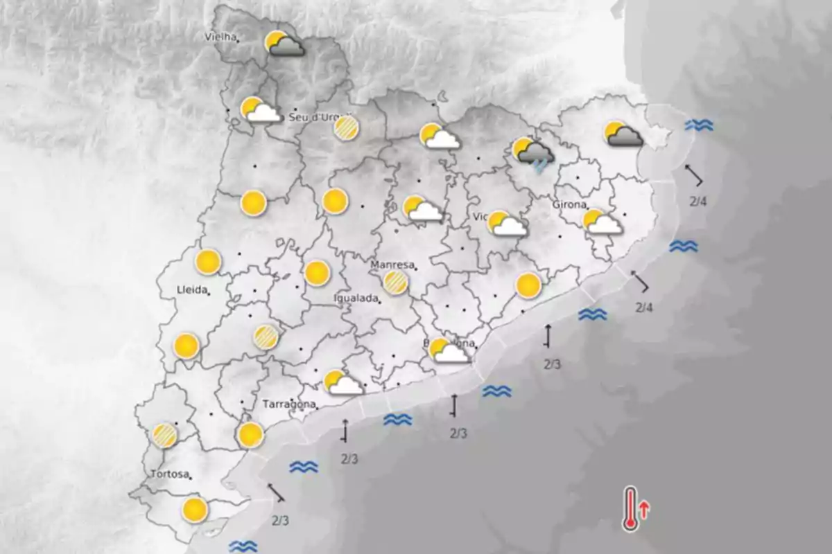 Mapa meteorológico de Cataluña con iconos que muestran mayormente sol y algunas nubes, lluvias localizadas en el noreste y símbolos de oleaje en la costa Mapa meteorológico de Cataluña con iconos que muestran mayormente sol y algunas nubes, lluvias localizadas en el noreste y símbolos de oleaje en la costa