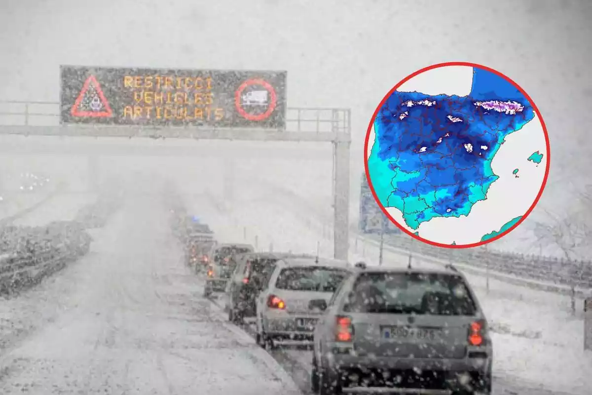 Montaje con una carretera llena de nieve y un mapa de mínimas previstas por la AEMET para el jueves