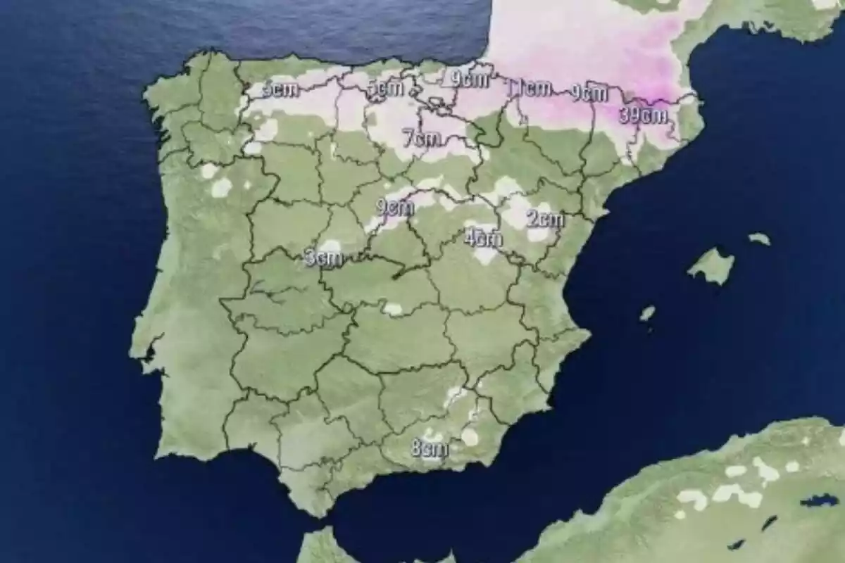 Mapa de España con la nieve acumulada para el sábado Mapa de España con la nieve acumulada para el sábado