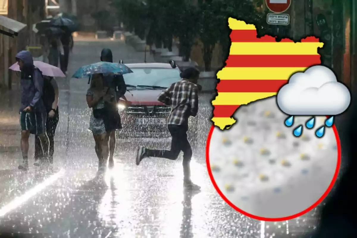 Personas caminando bajo la lluvia intensa con paraguas en una calle urbana, mientras un gráfico del tiempo muestra una nube con lluvia sobre un mapa del tiempo del 12 de octubre de 2024.