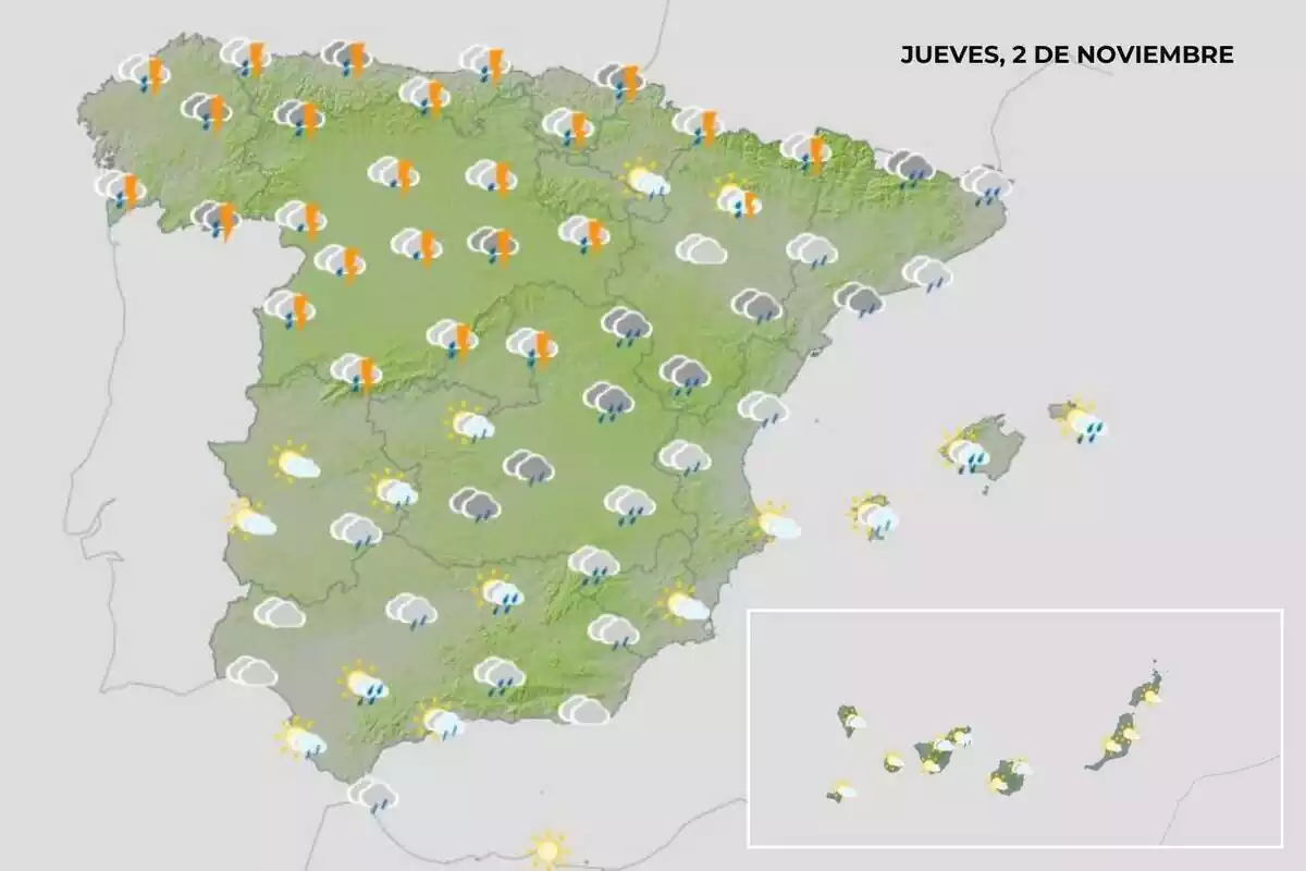 Mapa con la previsión de la AEMET para el jueves 2 de noviembre de 2023 Mapa con la previsión de la AEMET para el jueves 2 de noviembre de 2023