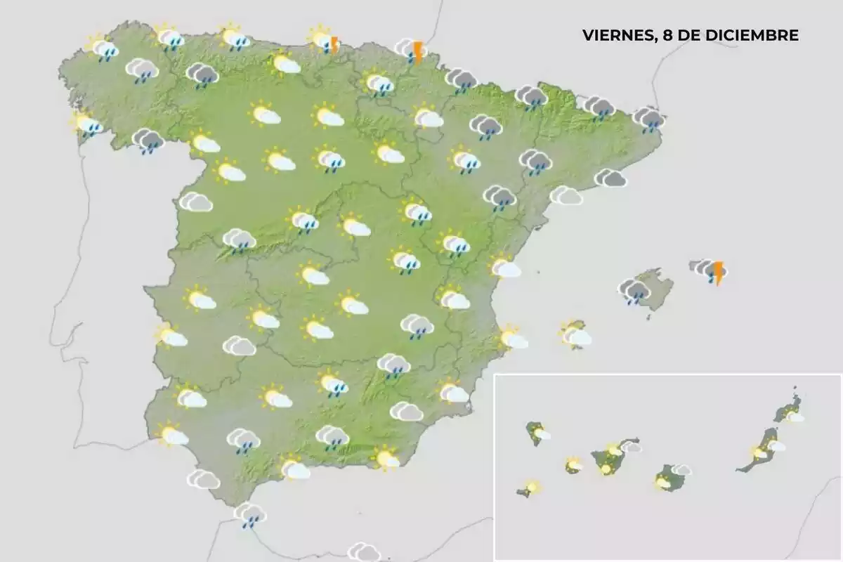 Mapa con la previsión del viernes 8 de diciembre Mapa con la previsión del viernes 8 de diciembre
