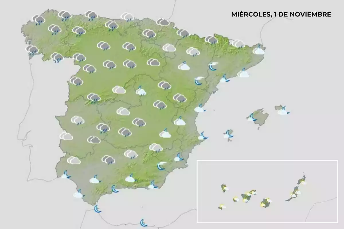 Mapa con la previsión del tiempo de la AEMET para el miércoles 1 de noviembre de 2023 Mapa con la previsión del tiempo de la AEMET para el miércoles 1 de noviembre de 2023
