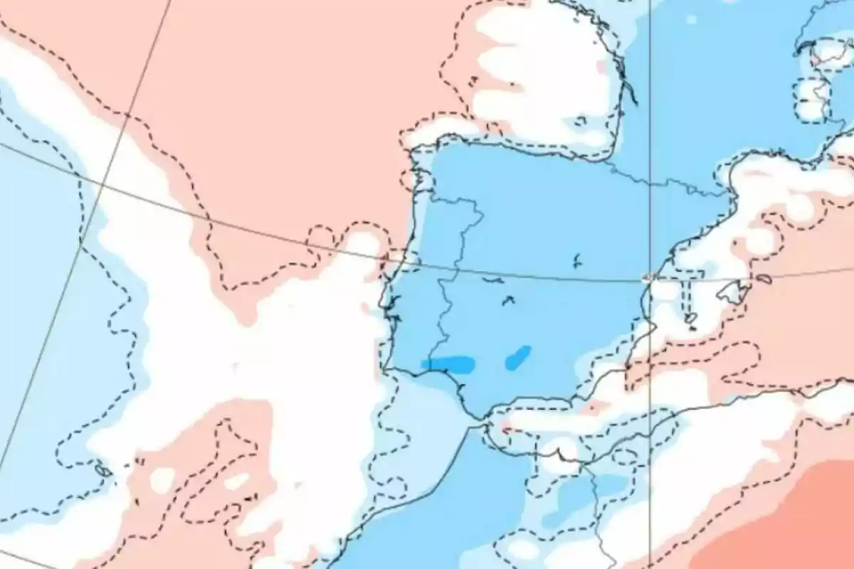 Mapa meteorológico que muestra áreas en tonos azules y rojos sobre la península ibérica y partes de Europa y África indicando diferentes condiciones climáticas. Mapa meteorológico que muestra áreas en tonos azules y rojos sobre la península ibérica y partes de Europa y África indicando diferentes condiciones climáticas.