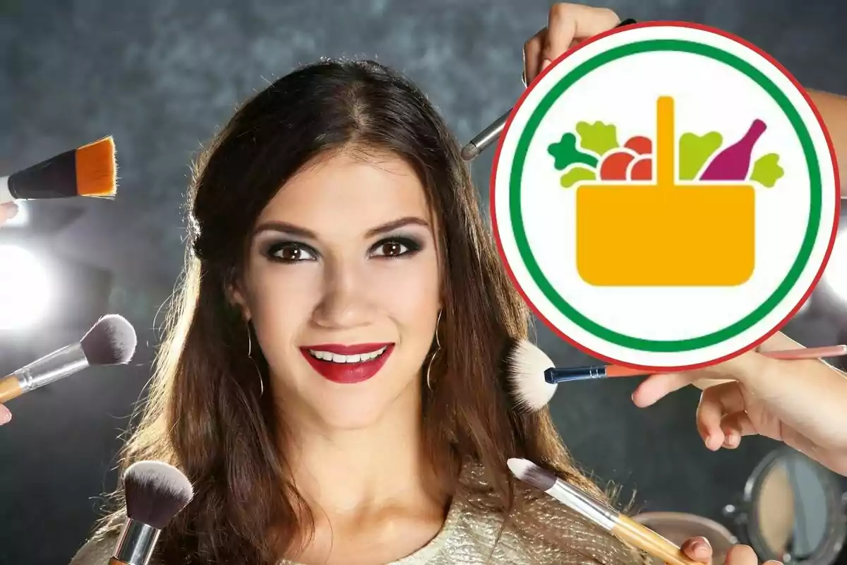 Mujer sonriente con maquillaje profesional rodeada de brochas de maquillaje y un logotipo de una cesta de alimentos.