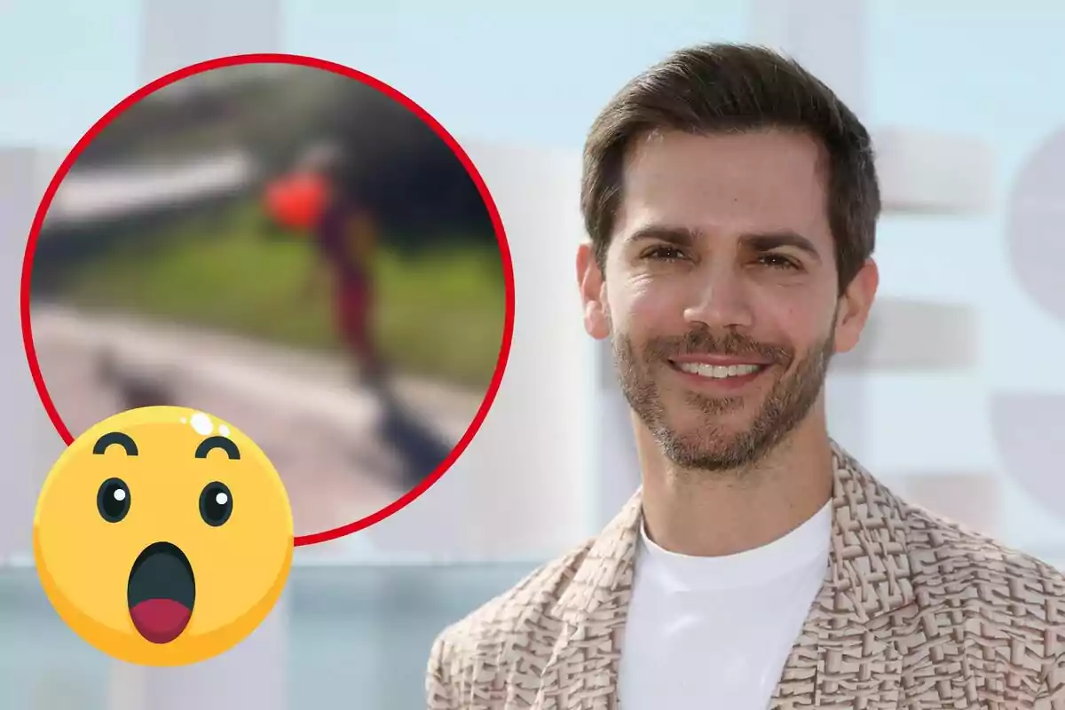 Un hombre sonriente con barba y cabello corto aparece en primer plano, mientras que en la esquina superior izquierda hay un círculo rojo con una imagen borrosa de una persona y un emoji de cara sorprendida.