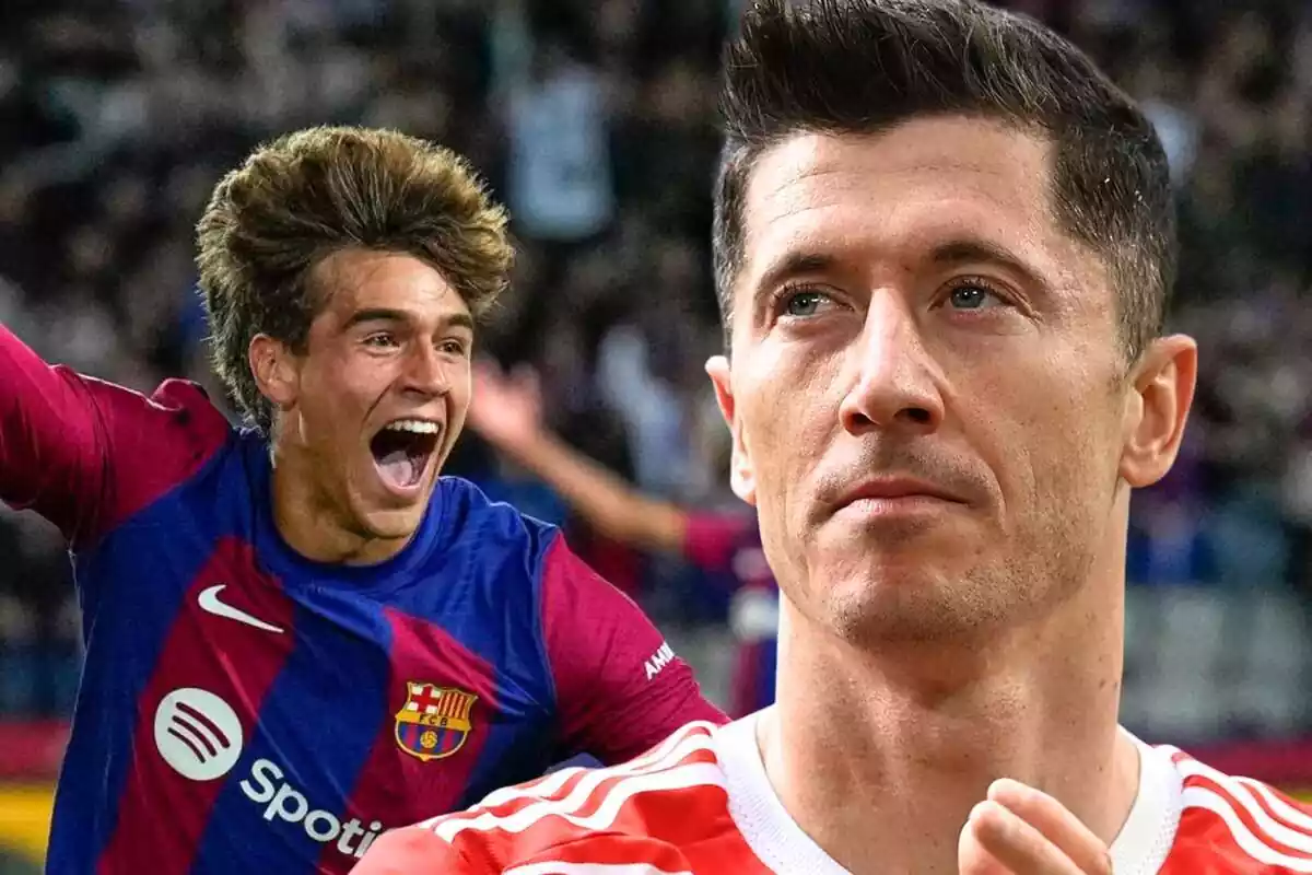 El delantero del Barça Lewandowski en primer plano junto a una foto de Marc Guiu, canterano del club que preside Joan Laporta.