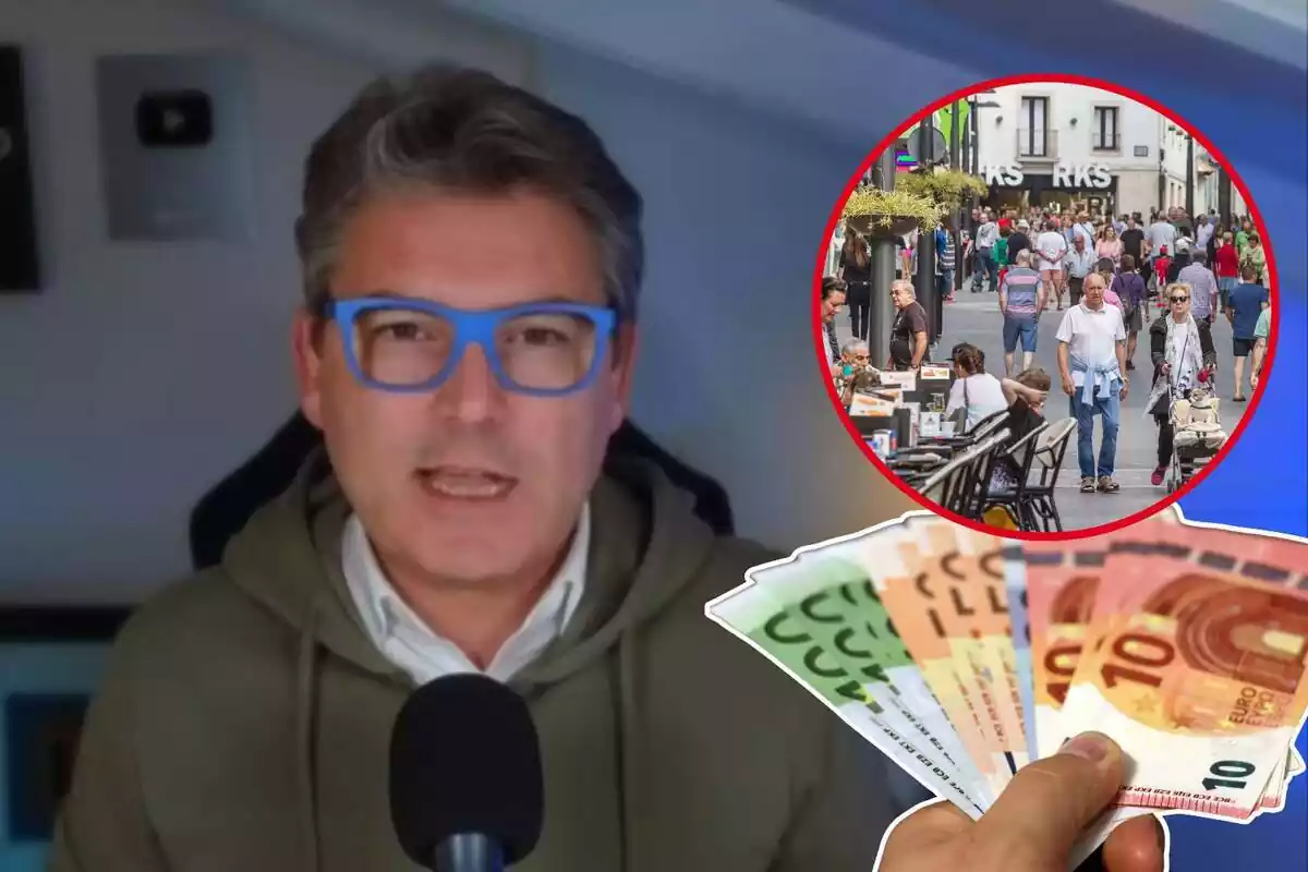 Imagen de fondo del economista Marc Vidal y otra imagen de varios turistas paseando por una calle de Benidorm, junto a una tercera imagen de una mano con billetes