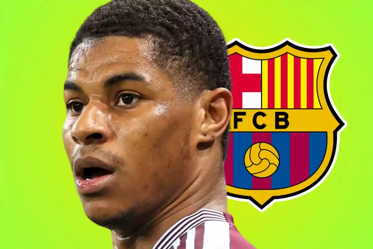 Un jugador de fútbol con una camiseta granate aparece en primer plano con el escudo del FC Barcelona de fondo sobre un fondo verde brillante.