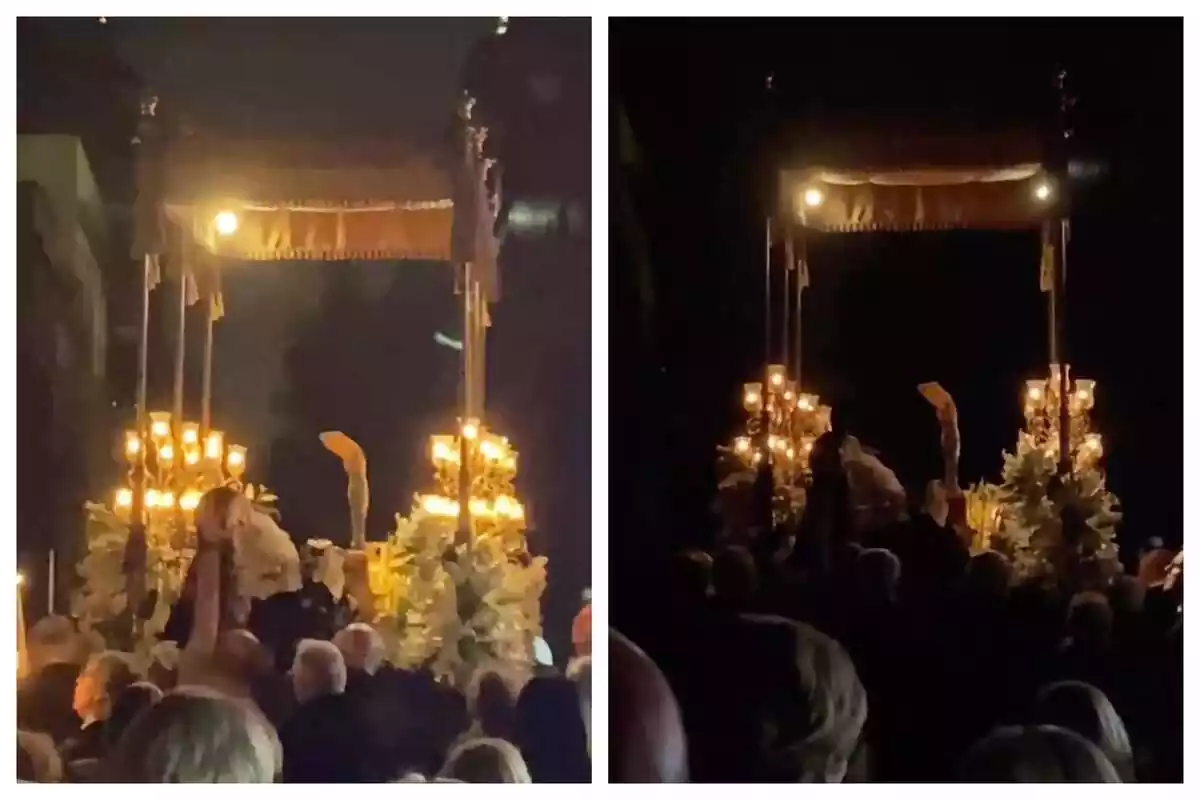 Montaje de fotos de dos capturas de pantalla de un vídeo donde aparecen personas sujetando la Mare de Déu dels Dolors tras haberse caído durante una procesión de Semana Santa en Badalona