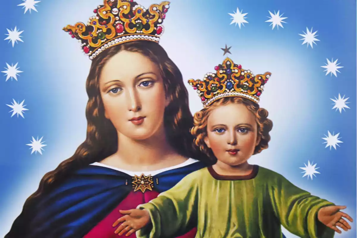 Imagen a color de la Virgen María con El Niño Jesús en brazos