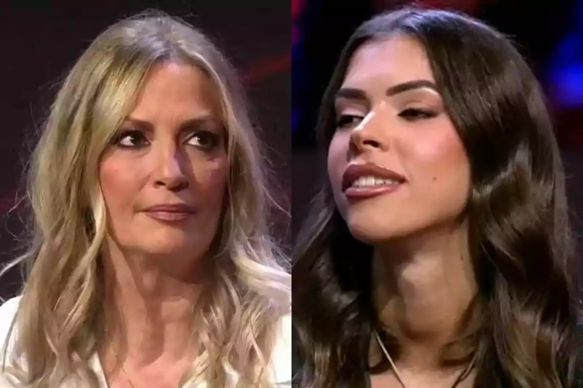 María José Galera con expresión seria a la izquierda y Lucía sonriendo a la derecha, ambos en el plató de Gran Hermano.