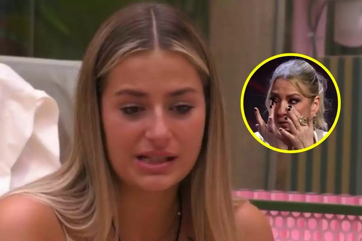 Montaje de Laura Galera llorando en la casa de Gran Hermano con una imagen insertada de María José Galera también llorando.