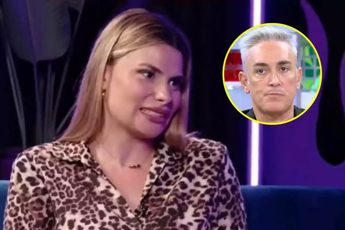 María Lapiedra con blusa de estampado animal está sentada en un sofá durante una entrevista, con un recuadro que muestra a Kiko Hernández de cabello canoso.