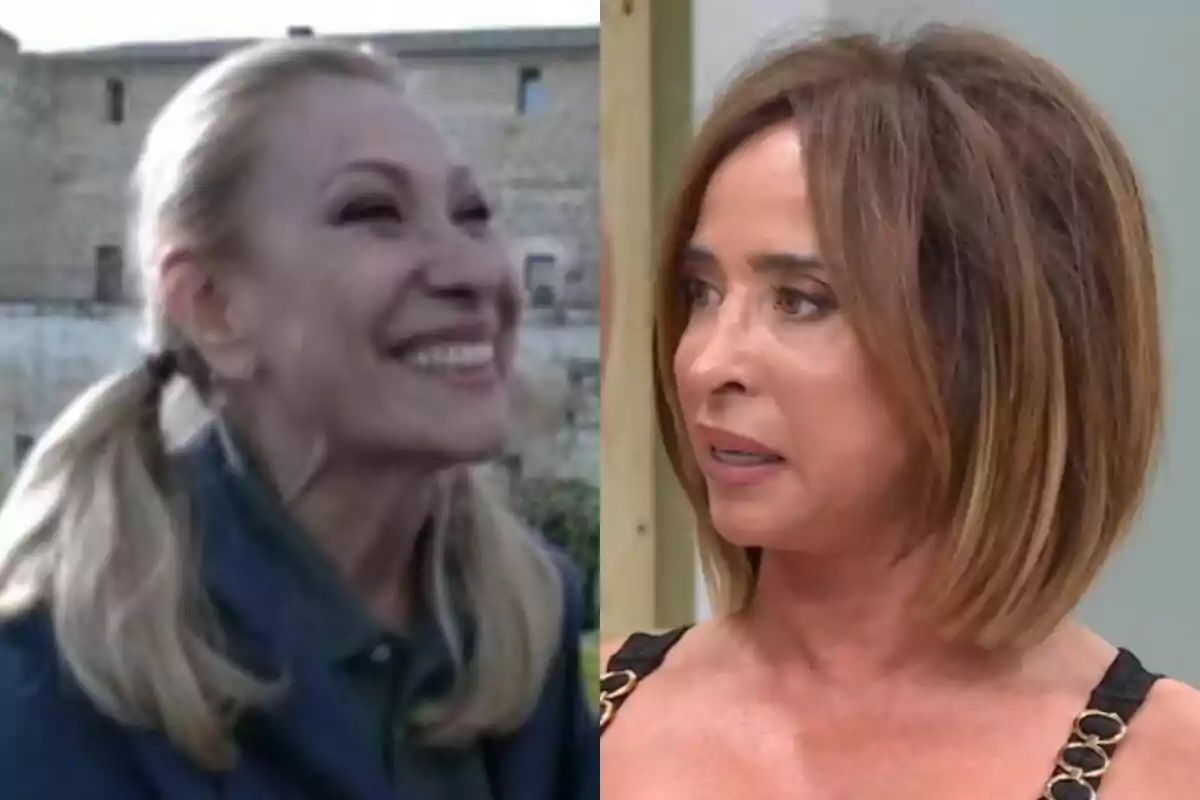 Dos mujeres en una imagen dividida, Rosa Benito de la izquierda sonríe con el cabello recogido en coletas y María Patiño de la derecha tiene el cabello suelto y parece estar hablando en La Familia de la Tele.