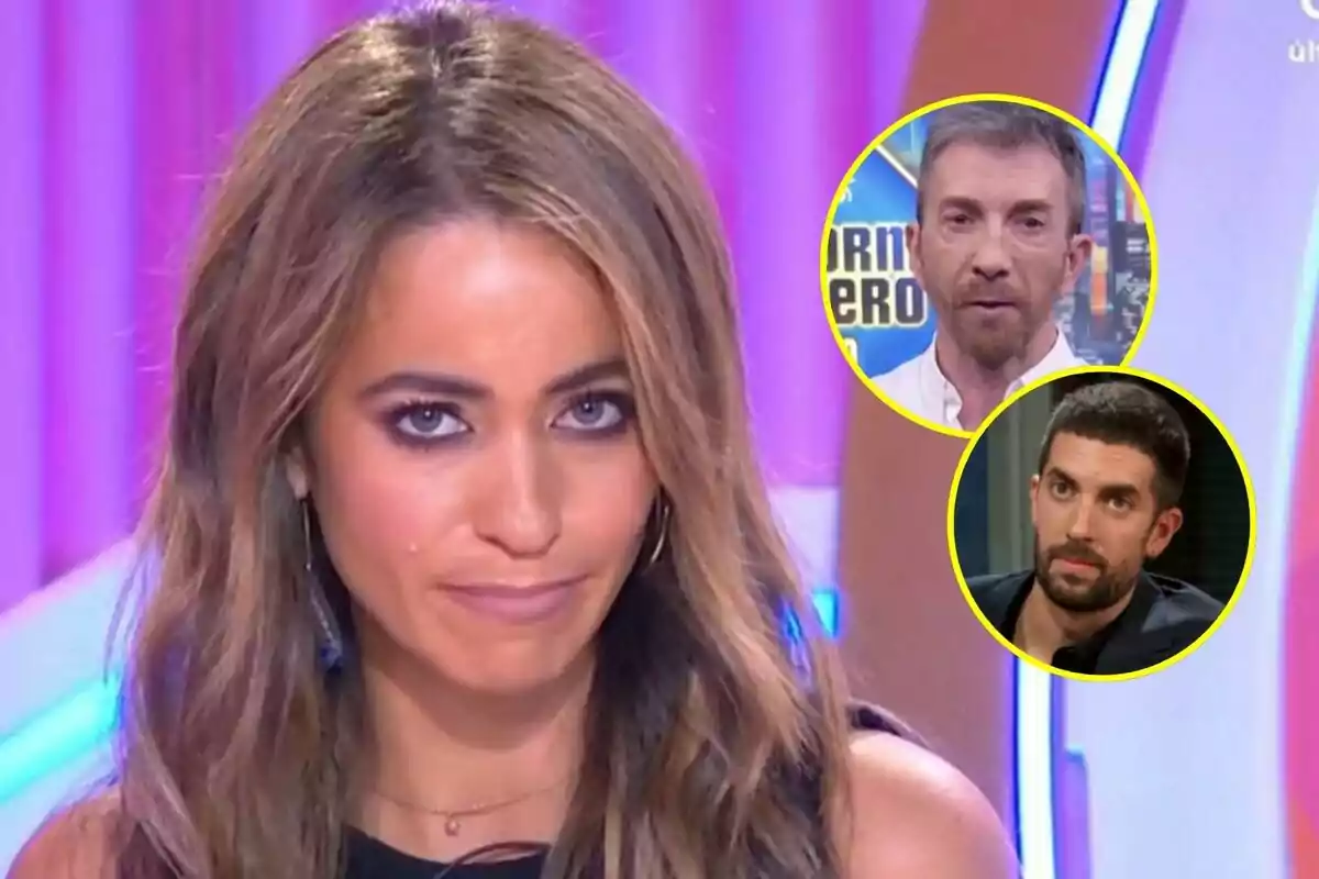 María Verdoy con expresión seria en Socialité en primer plano con Pablo Motos en El Hormiguero y David Broncano en La Revuelta en círculos amarillos en la esquina superior derecha sobre un fondo púrpura.