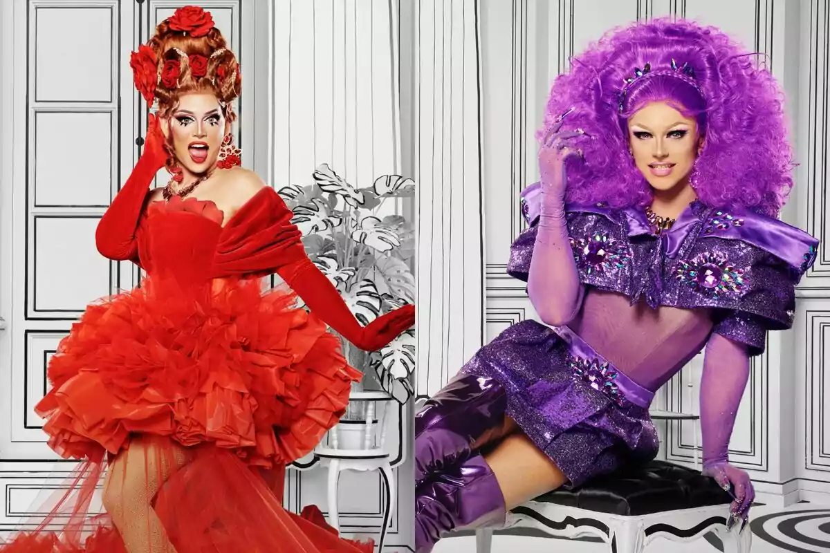 Mariana Stars y Megui Yeillow posando con atuendos extravagantes, una con un vestido rojo voluminoso y guantes largos a juego, y la otra con un conjunto morado brillante y una peluca rizada del mismo color en Drag Race España.