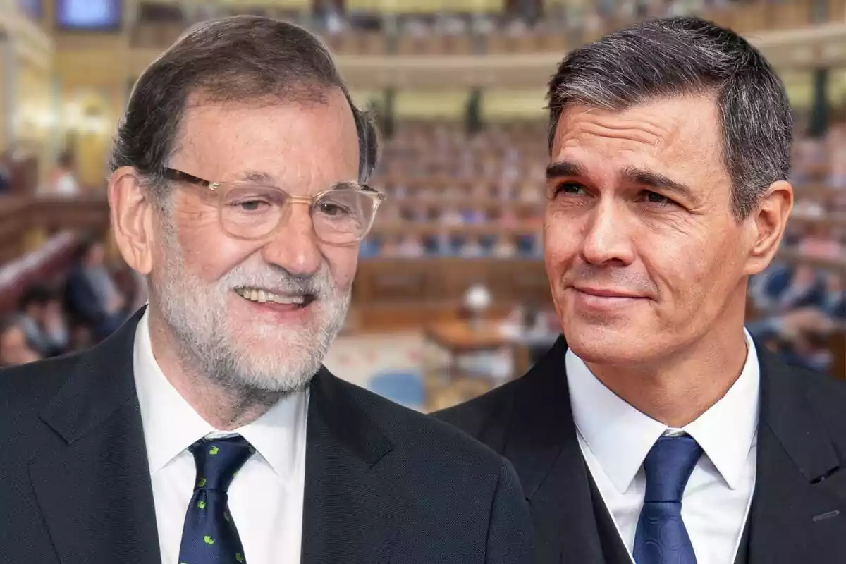 Montaje con un plano medio corto de Mariano Rajoy sonriendo y uno de Pedro Sánchez mirando hacia arriba