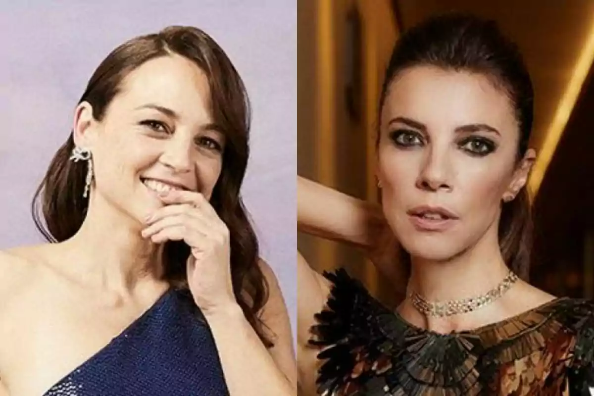 Maribel Verdú y Leonor Watling posando en un collage, una con un vestido azul y la otra con un vestido con detalles oscuros.