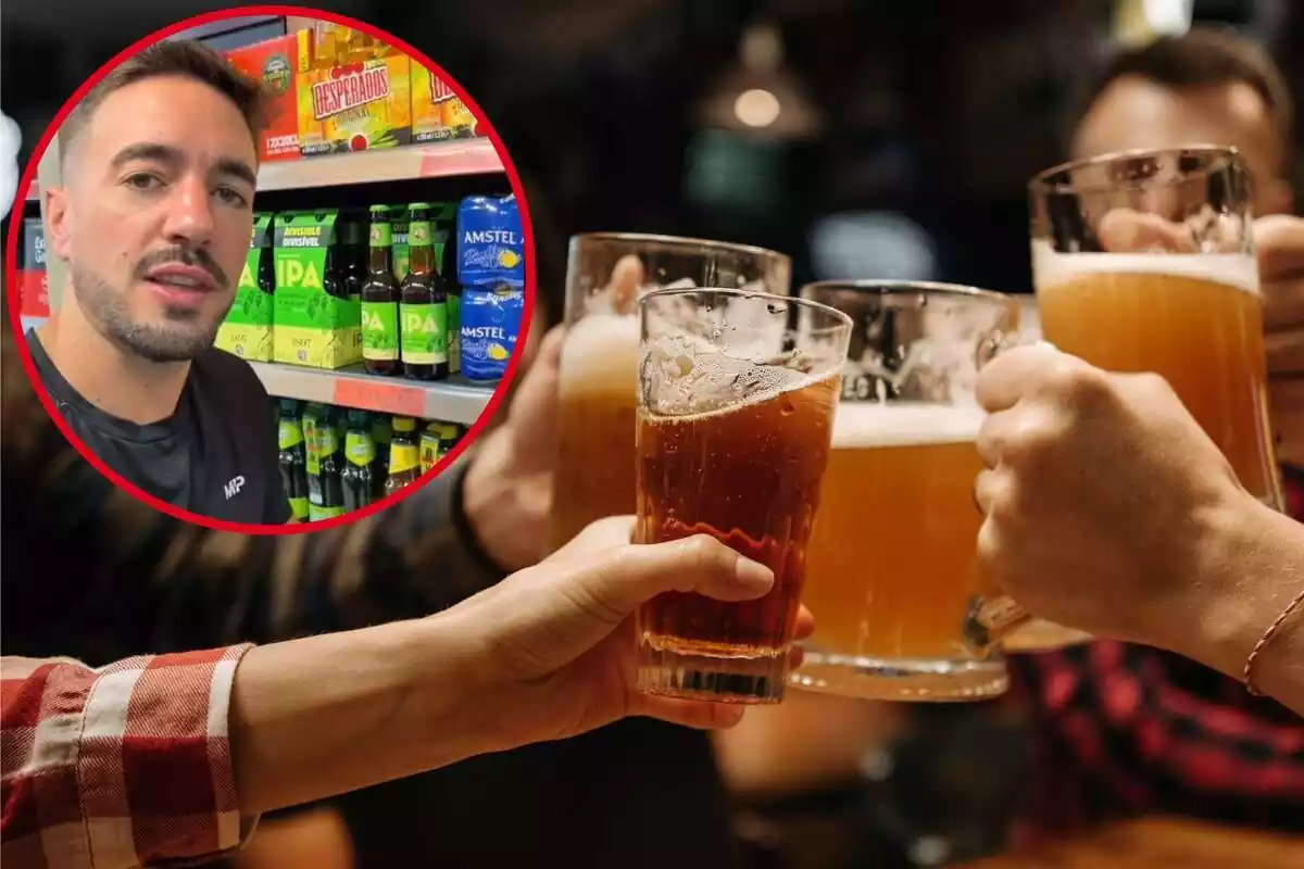 Montaje con una imagen de fondo de varias personas brindando con cervezas y otra imagen del nutricionista Mario Ortiz frente a un estante de cervezas