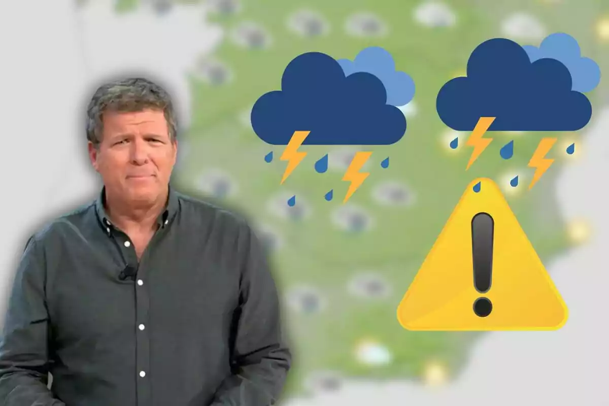 Hombre presentando el pronóstico del tiempo con iconos de tormenta y advertencia en el fondo.