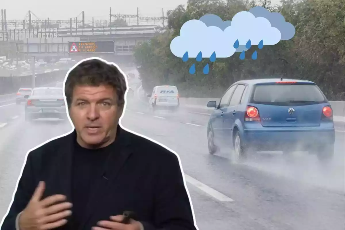 Imagen de fondo de varios coches circulando por una carretera con lluvia, otra imagen de Mario Picazo en primer plano y dos emoticonos de nubes con lluvia
