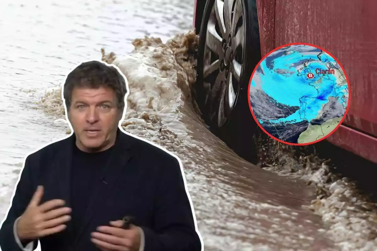 Montaje con Mario Picazo, un coche atravesando un charco de agua y un mapa de precipitación