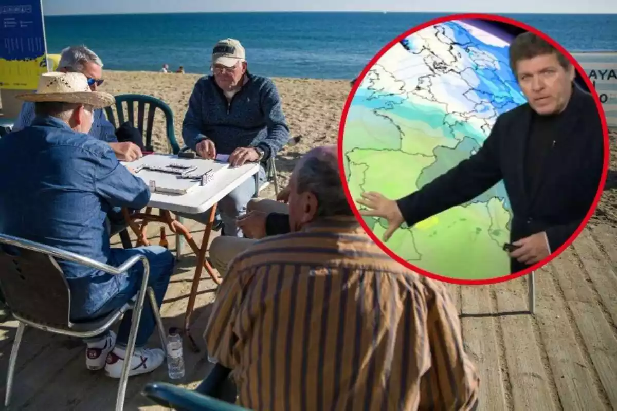 Imagen de fondo de unas personas en la playa, abrigados, jugando al dominó y otra imagen de Mario Picazo señalando un mapa de España