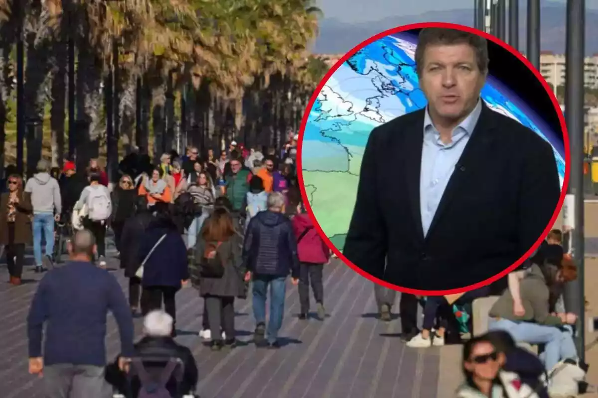 Imagen de fondo de varias personas paseando por un paseo marítimo y otra de Mario Picazo en una de sus previsiones, frente a un mapa