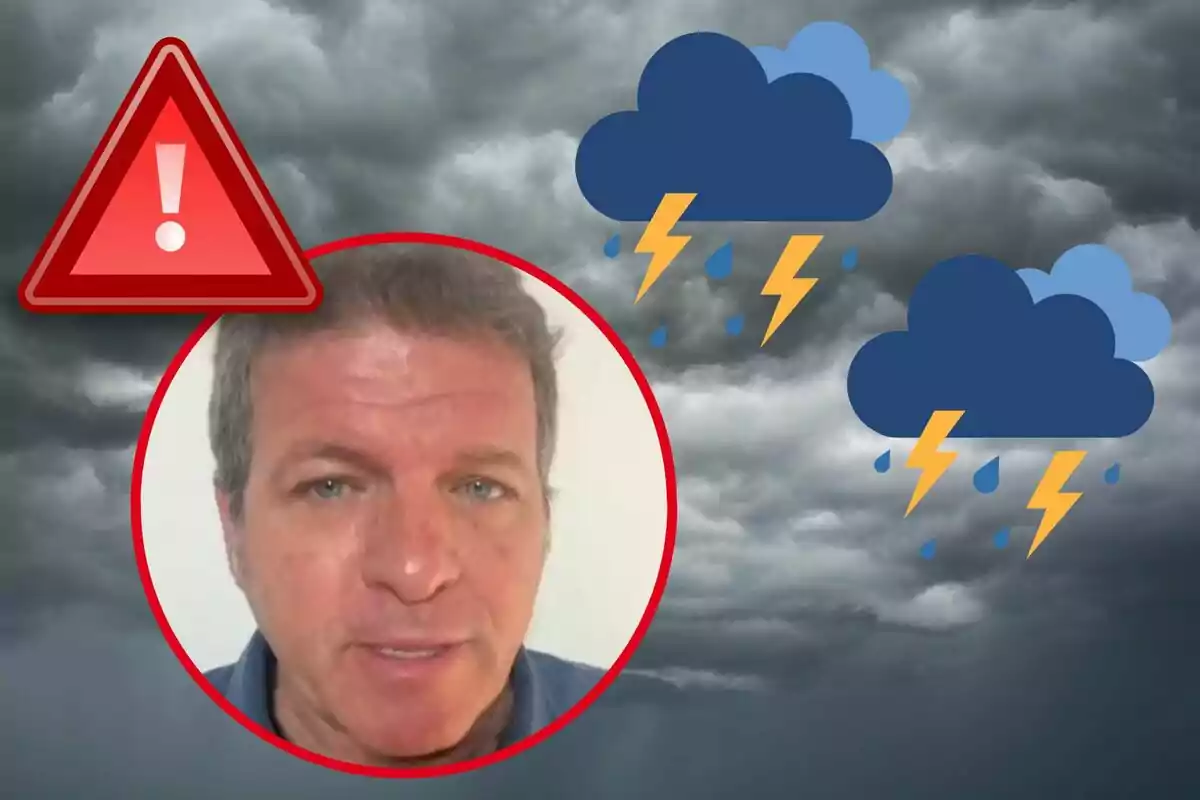 Un hombre enmarcado en un círculo rojo sobre un fondo de nubes oscuras con iconos de tormenta y un símbolo de advertencia.