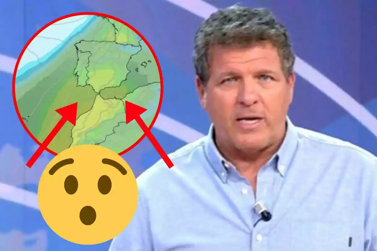 Un presentador de noticias con una expresión de sorpresa y un mapa del clima en el fondo.