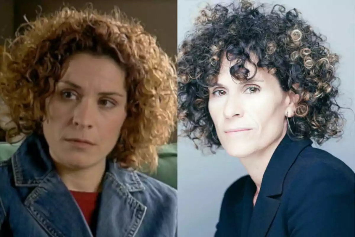 Dos imágenes de una mujer con cabello rizado, una a la izquierda con una chaqueta de mezclilla y expresión seria, y otra a la derecha con un blazer negro y expresión neutra. Dos imágenes de una mujer con cabello rizado, una a la izquierda con una chaqueta de mezclilla y expresión seria, y otra a la derecha con un blazer negro y expresión neutra.