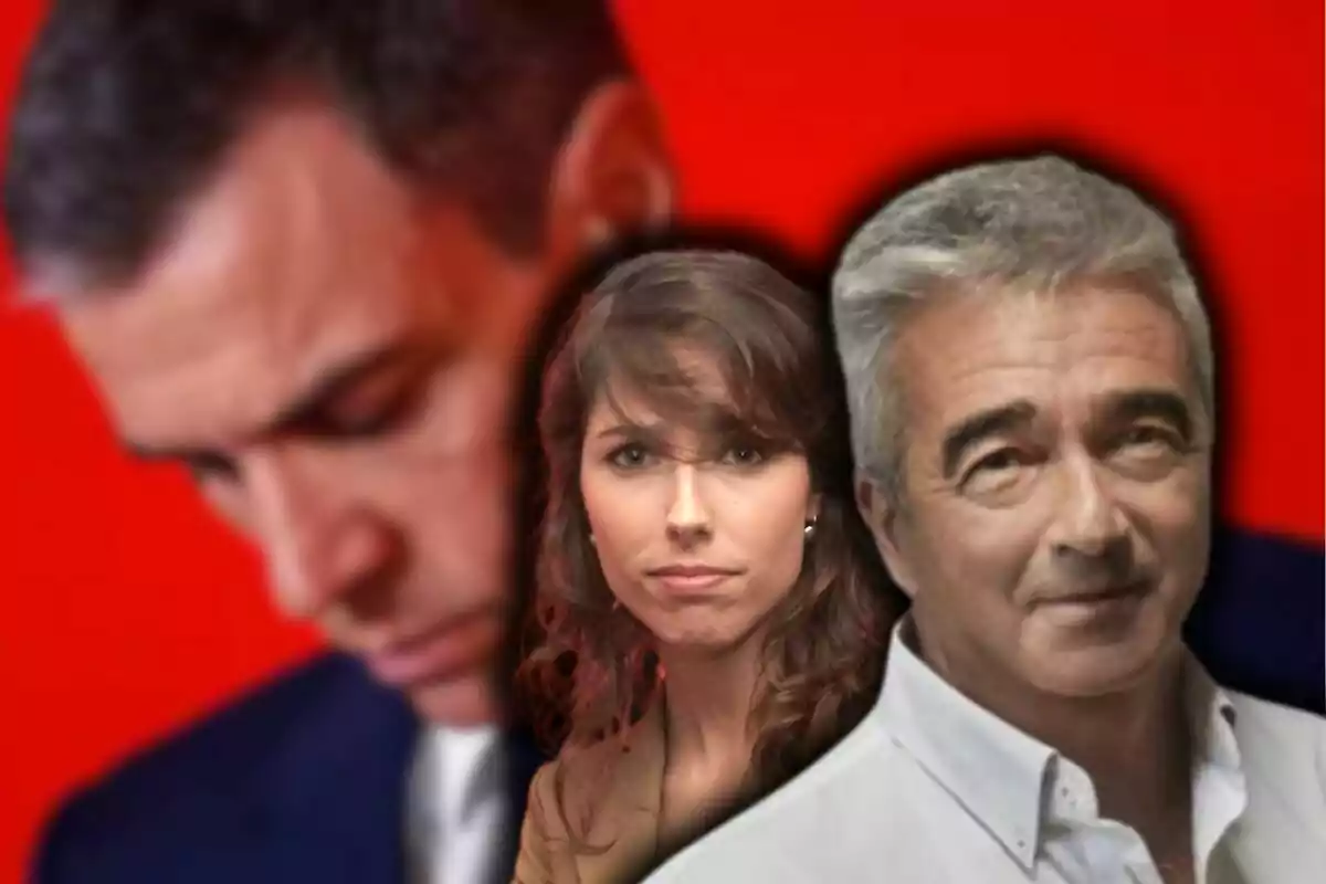 Tres personas en primer plano con fondo rojo, una de ellas desenfocada y cabizbaja, mientras las otras dos miran al frente.