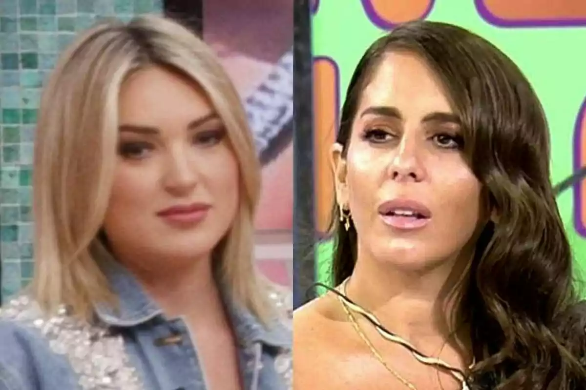Dos mujeres en primer plano, Marta Riesco de cabello rubio y liso con chaqueta de mezclilla en La Familia de la Tele y Anabel Pantoja de cabello castaño y ondulado con fondo colorido en Sálvame