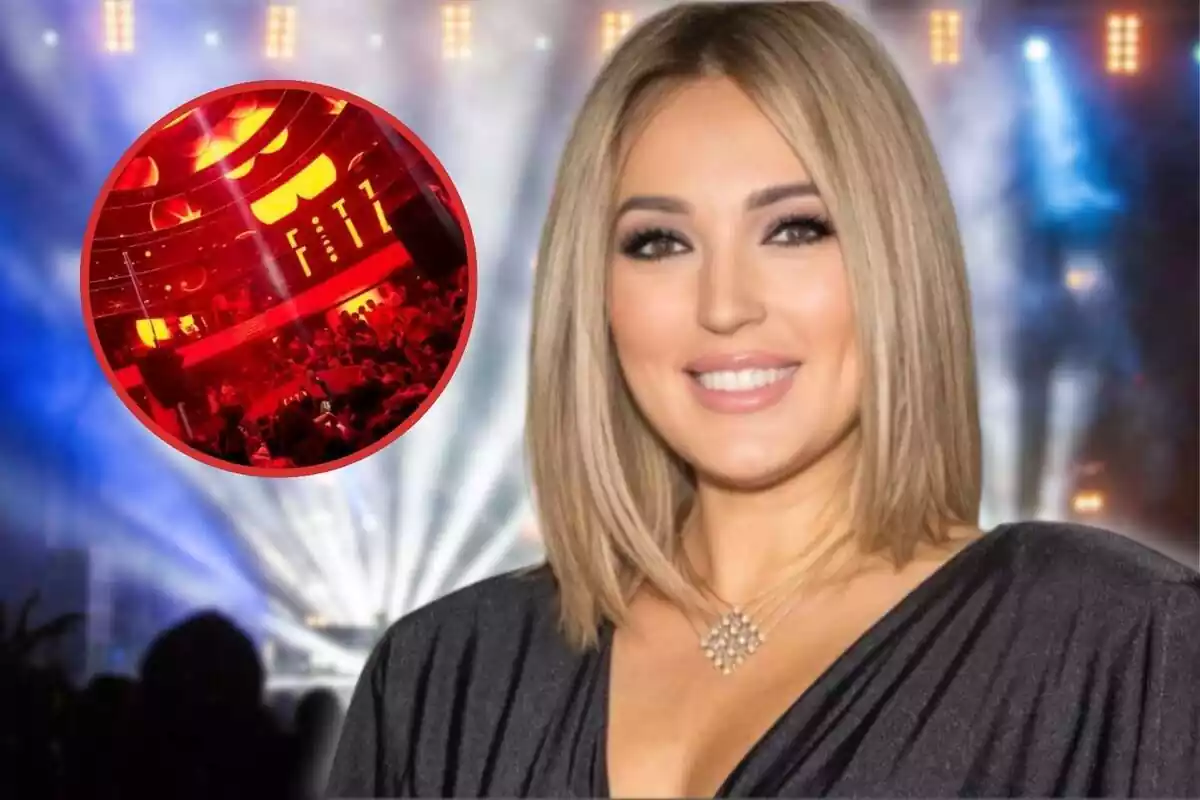 Marta Riesco sobre un fondo de discoteca y a su lado un círculo con una discoteca con luces rojas