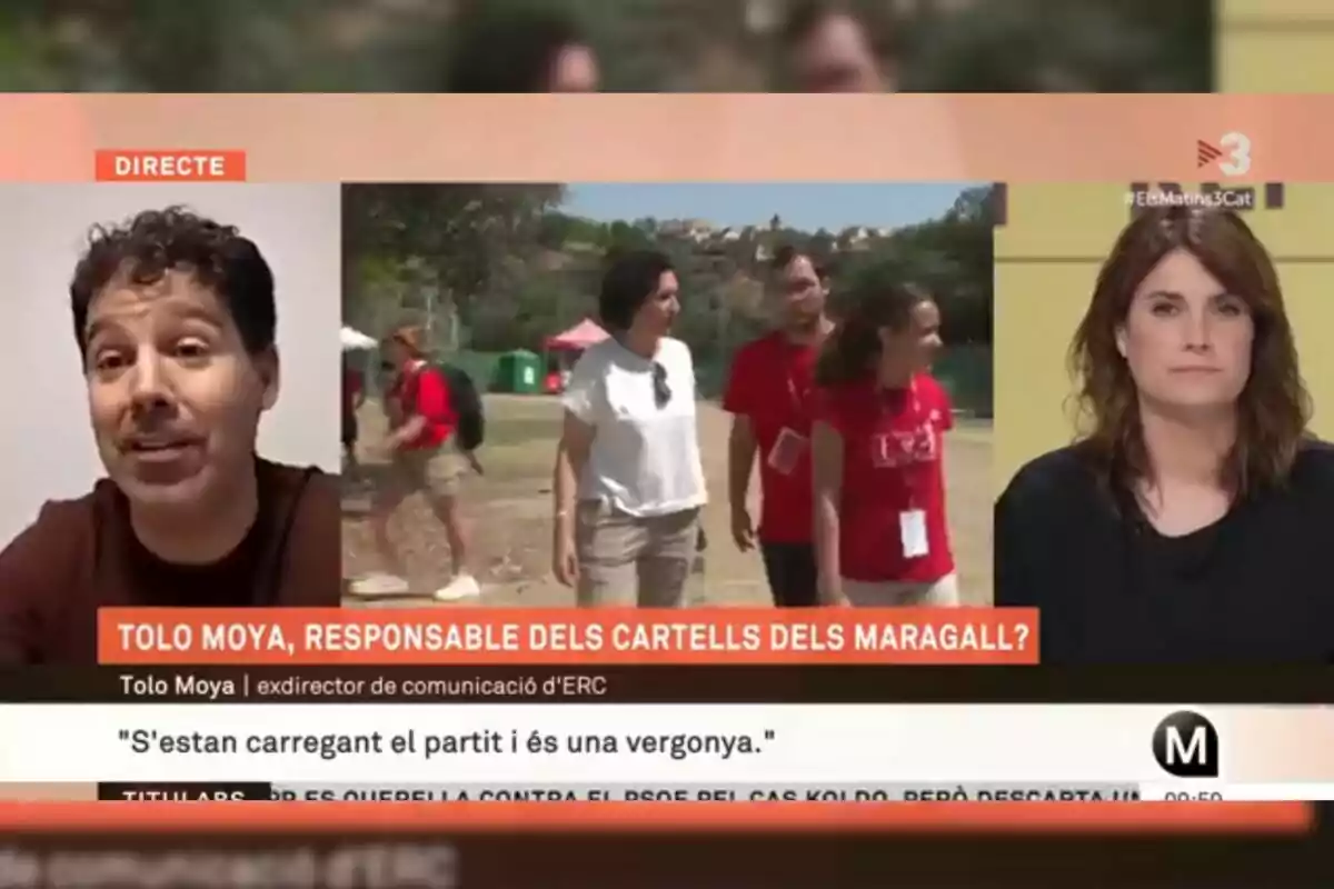 Pantalla dividida de un programa de televisión en directo con un hombre hablando por videollamada a la izquierda, un grupo de personas caminando al centro y una presentadora en el estudio a la derecha.