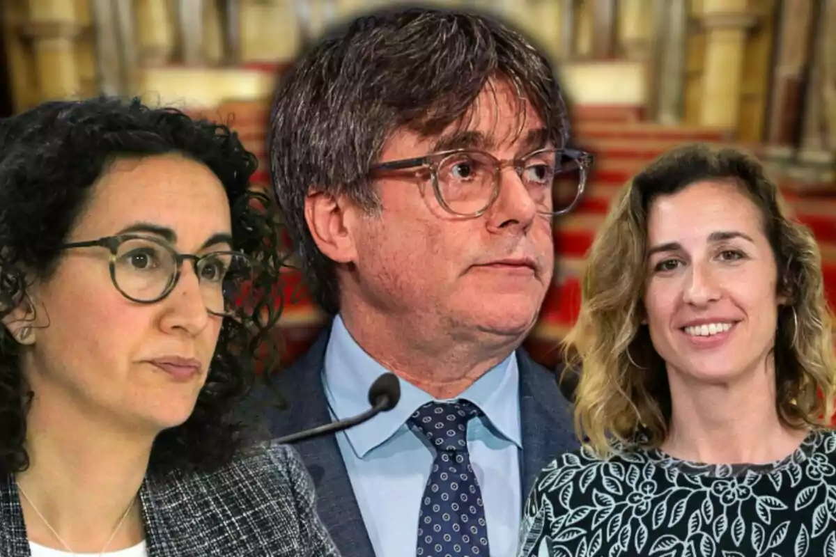 Montaje con las caras de Marta Rovira, Carles Puigdemont y Laia Estrada posan frente a un fondo borroso del Parlament de Catalunya