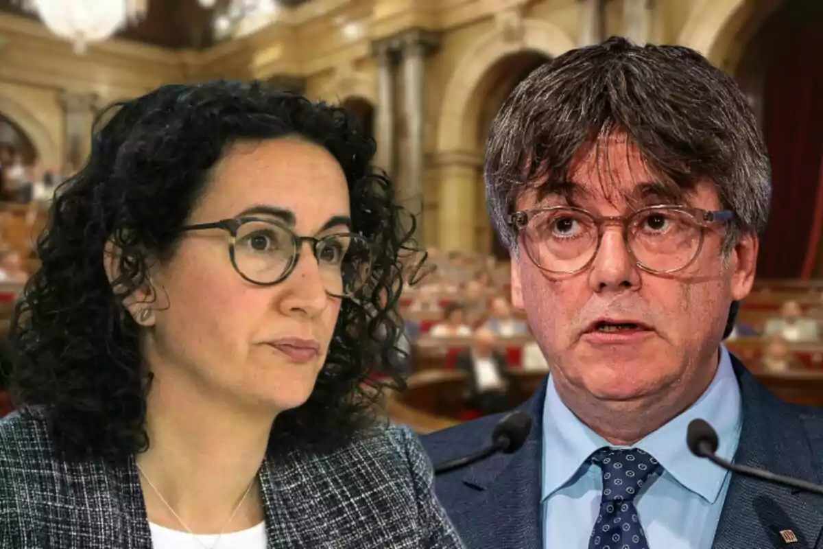 Marta Rovira y Carles Puigdemont con cara de pocos amigos y de fondo una imagen difuminada del Parlament de Catalunya